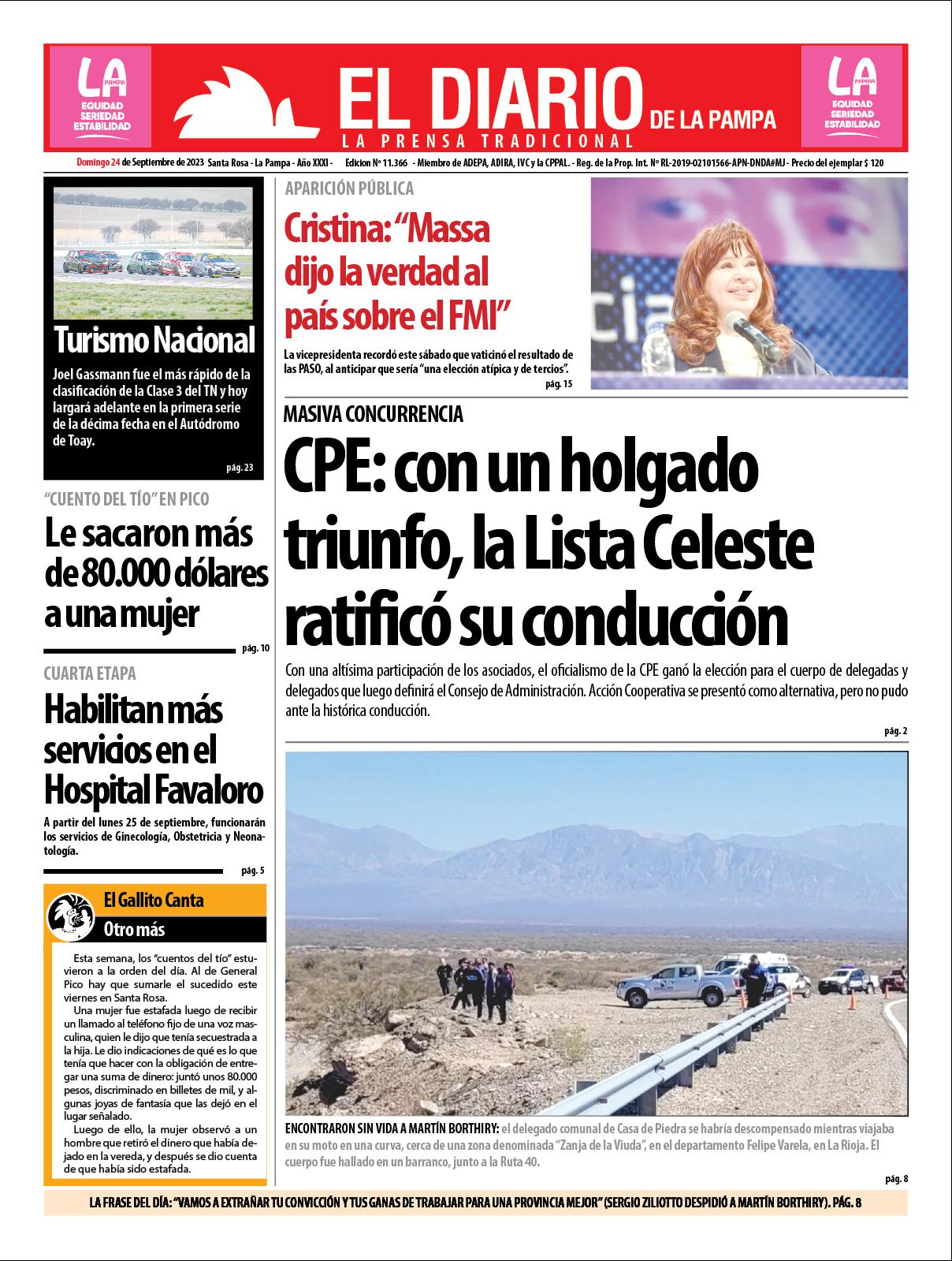 Tapa de El Diario en papel  domingo 24 de septiembre de 2023